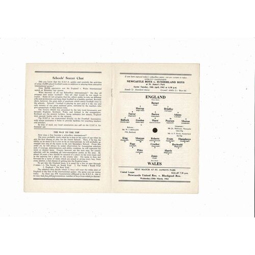 1962 England v Wales Schools International Football Programme @ Newcastle United