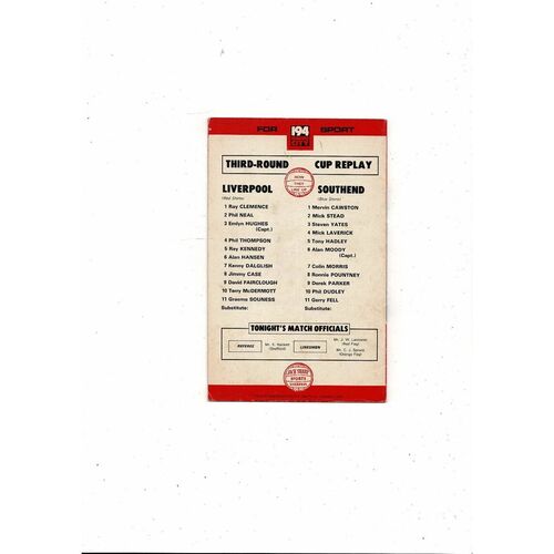 1978/79 Liverpool v Southend United FA Cup Football Programme