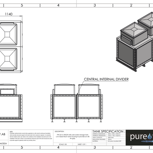 PW.2X1X1.IFB.DIV.AB(1+1) - 2000 LITRE DIVIDED SECTIONAL WATER TANK, INTERNALLY FLANGED BASE (IFB) C/W FVH