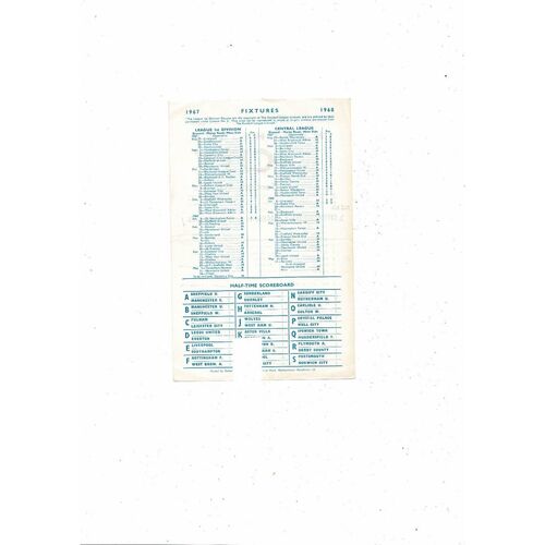 Manchester City v Blackburn Rovers Central League Football Programme 1967/68