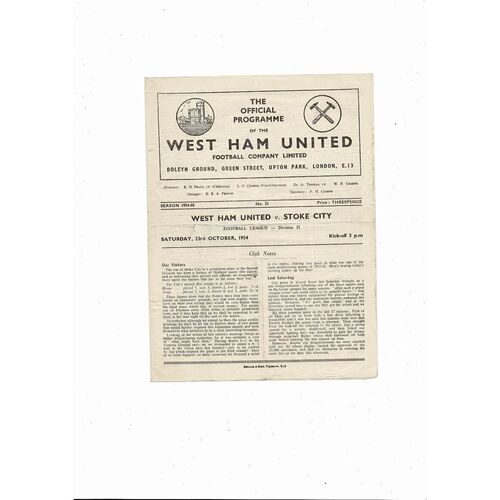 1954/55 West Ham United v Stoke City Football Programme