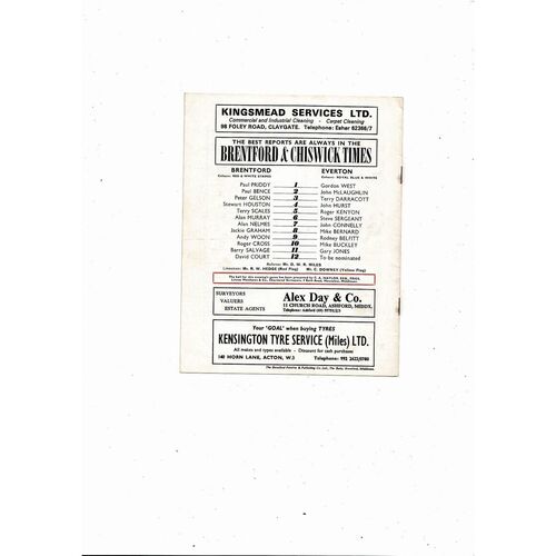 Brentford v Everton Denis Piggott Testimonial Football Programme 1972/73