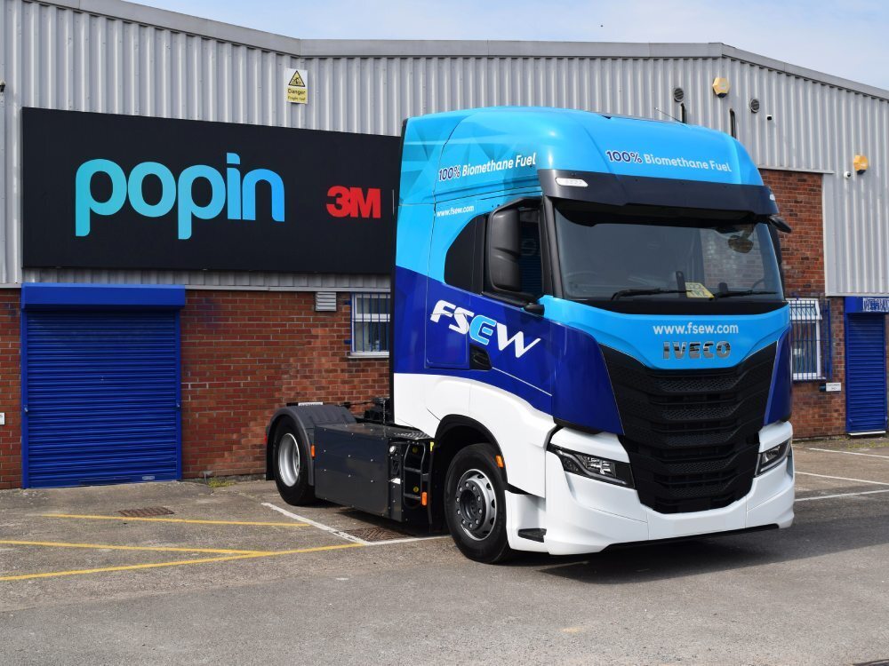 Branded vehicle wrap and graphics on an Iveco truck parked outside Popin in Cardiff.
