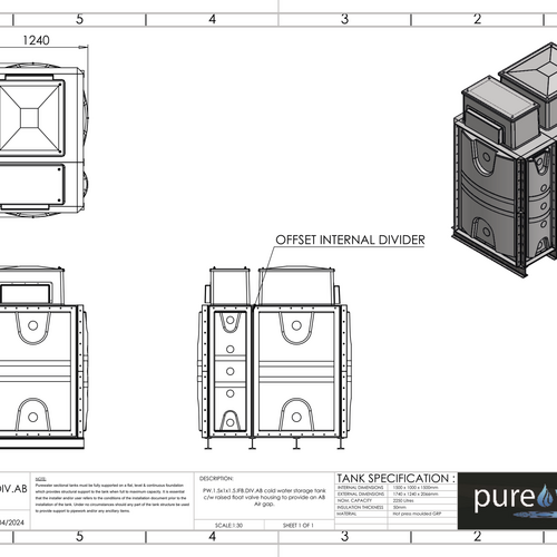 PW.1.5X1X1.5.IFB.DIV.AB(1+0.5) - 2250 LITRE DIVIDED SECTIONAL WATER TANK, INTERNALLY FLANGED BASE (IFB) C/W FVH