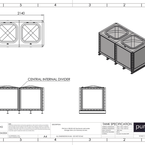 PW.2X1X1.IFB.DIV.AG(1+1) - 2000 LITRE DIVIDED SECTIONAL WATER TANK, INTERNALLY FLANGED BASE (IFB)