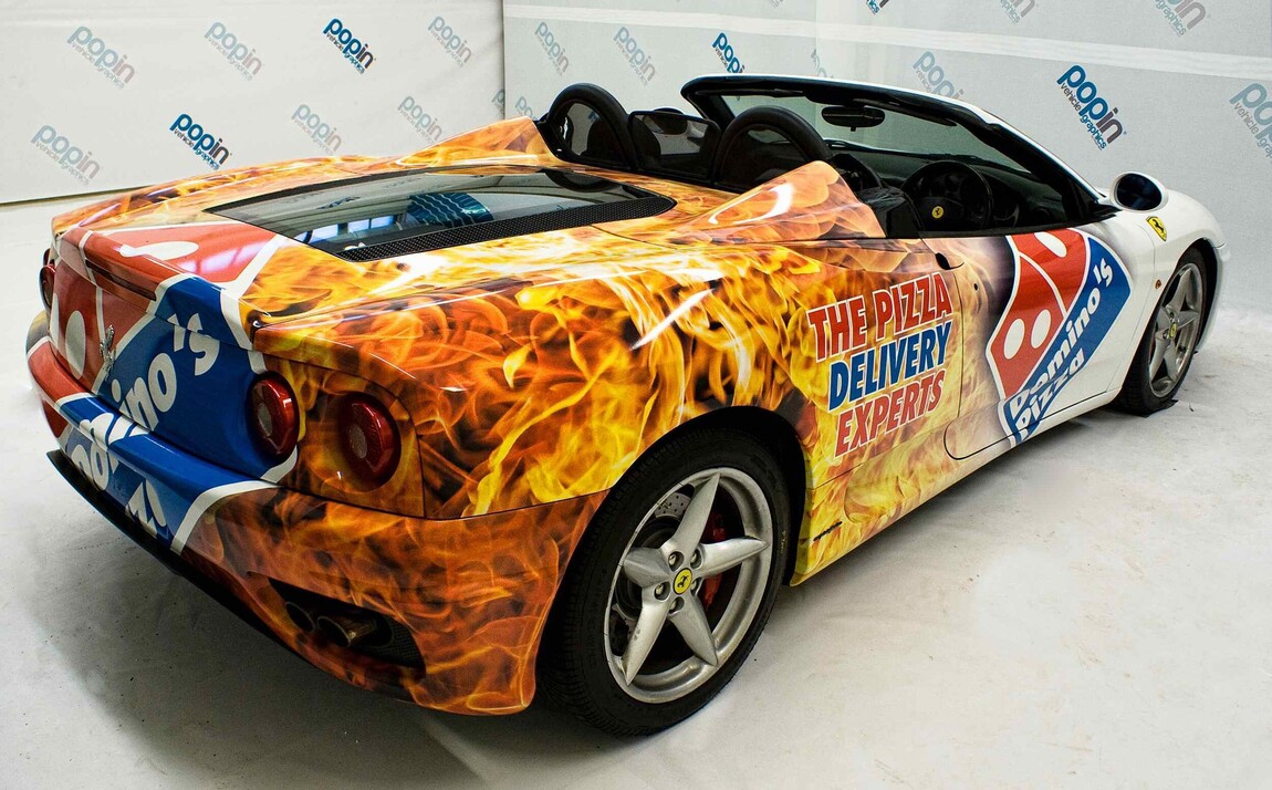 Domino's Pizza car wrap newly installed on a Ferrari 360 Spider at Popin in Cardiff.