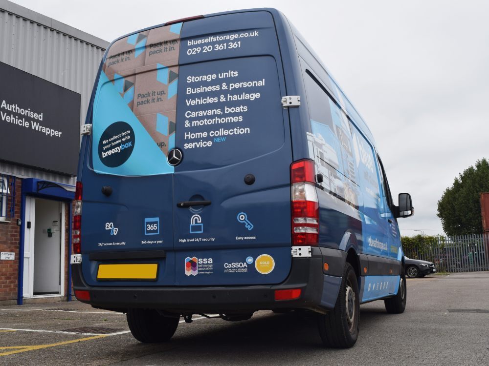 Blue Self Storage branded van wrap on company Mercedes Sprinter.