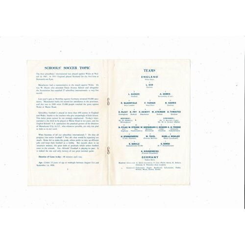 1960 England v Germany Schools International Football Programme @ Man City