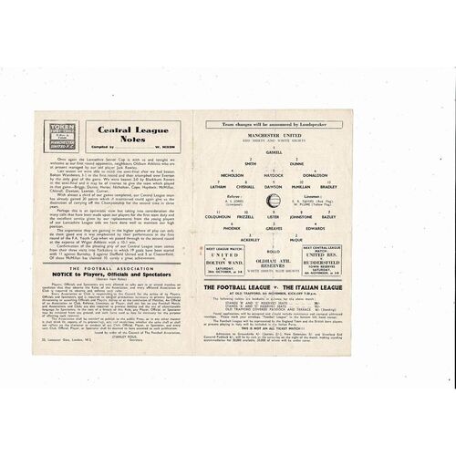 Manchester United v Oldham Athletic Central League Football Programme 1961/62