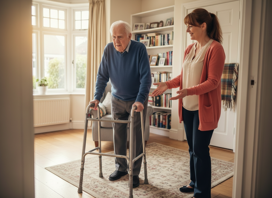 Walking frame elderly support -Home carer mobility help Bristol, Falls prevention success story, Elderly confidence restoration, Walking frame encouragement Hanham, Home care walking aid support, Carer helping elderly walk.