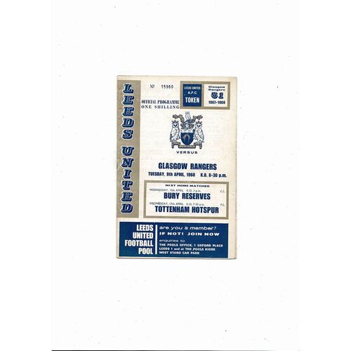Leeds United v Rangers Fairs Cup Football Programme 1967/68