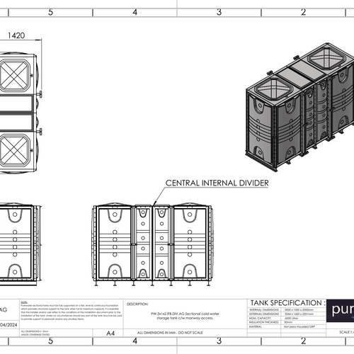 PW.3X1X2.IFB.DIV.AG(1+1) - 6000 LITRE DIVIDED SECTIONAL WATER TANK, INTERNALLY FLANGED BASE (IFB)