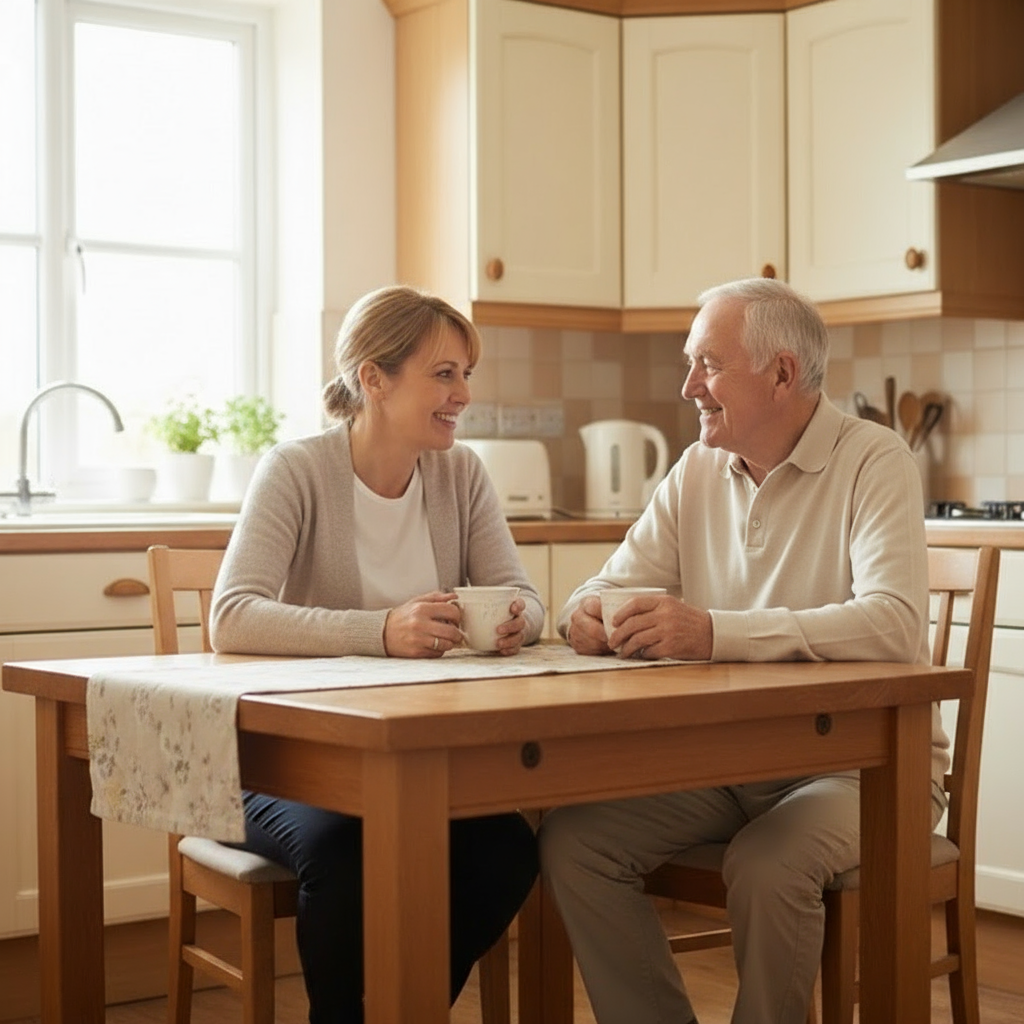 Elderly man in neat daytime clothes sitting at a warm, homely kitchen table with his regular carer, both holding cups of tea and smiling at each other in soft daylight, showing the trust, comfort and emotional bond that gentle dementia home care can bring for families in Bristol.