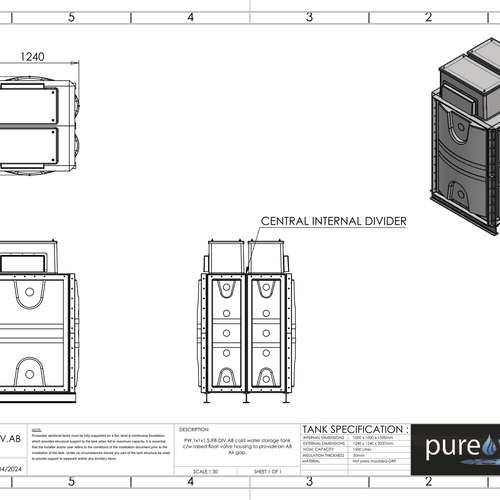 PW.1x1x1.5.IFB.DIV.AB(0.5+0.5) - 1500 LITRE DIVIDED SECTIONAL WATER TANK, INTERNALLY FLANGED BASE (IFB) C/W FVH