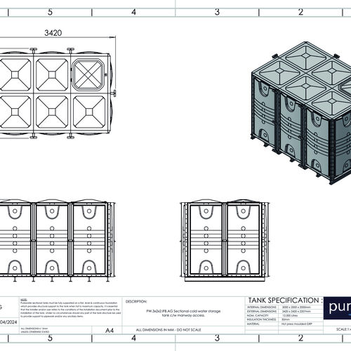 PW.3X2X2.IFB.AG - 12000 LITRE SECTIONAL WATER TANK, INTERNALLY FLANGED BASE (IFB)