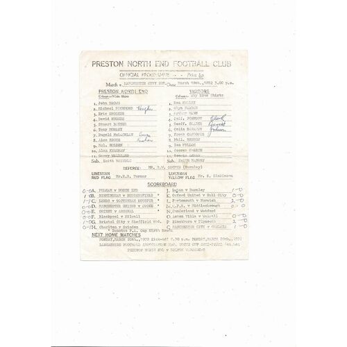 Preston Reserves v Manchester City Reserves Football Programme 1971/72