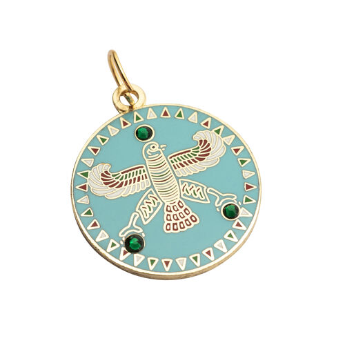 Round Pendant. The Persian Falcon.  Blue Turquoise with 3 Green Stones.