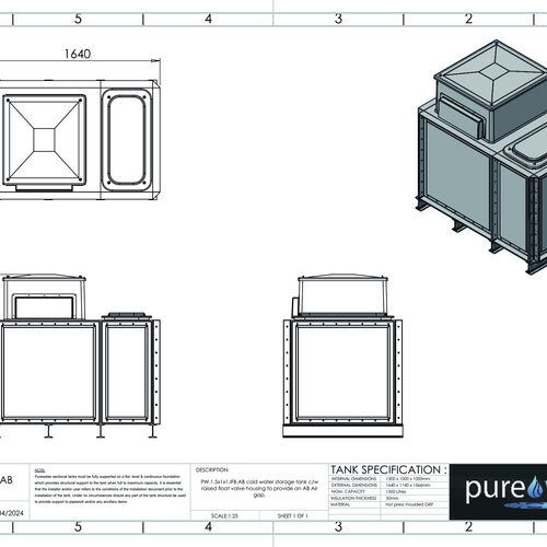 PW.1.5X1X1.IFB.AB - 1500 LITRE SECTIONAL WATER TANK, INTERNALLY FLANGED BASE (IFB) C/W FVH