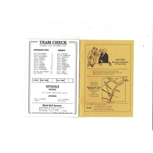 Wokingham Town v Margate FA Cup Football Programmes 1989/60