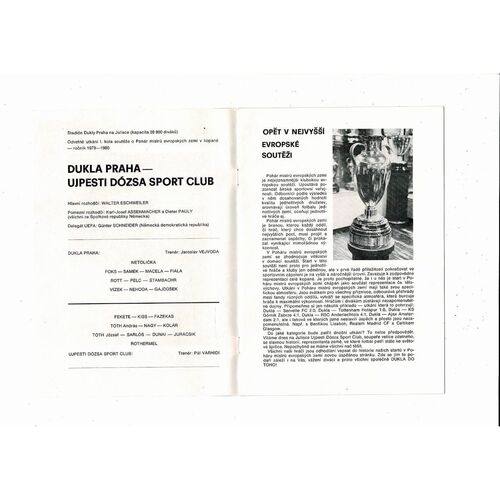 Dukla Prague v Ujpesti Dozsa European Cup Football Programme 1979/80