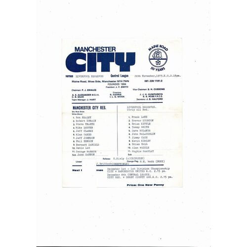Manchester City v Liverpool Central League Football Programme 1973/74