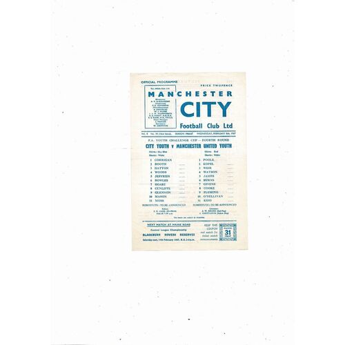Manchester City v Manchester United FA Youth Cup Football Programme 1966/67