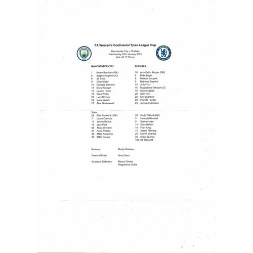 2020/21 Manchester City v Chelsea Womens League Cup Football Programme