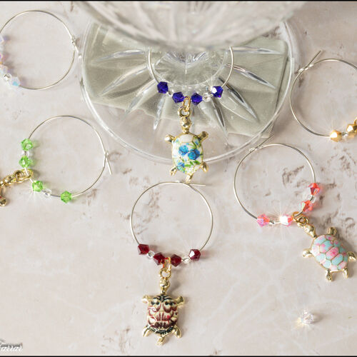 Set of 6 Colourful Enamel Turtles & Whale Tail Wine Glass Charms