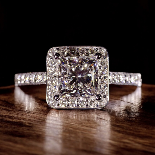 Princess cut halo with diamond set shoulders