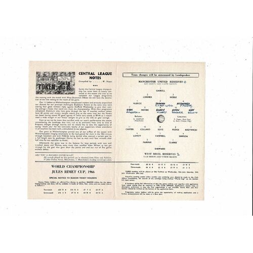 Manchester United v West Bromwich Albion Central League Football Programme 1964/65
