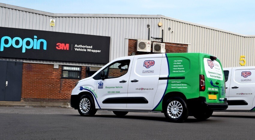 Partial vehicle wrap and graphics on company Toyota Proace van outside Popin in Cardiff.