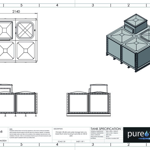 PW.2X2X1.IFB.AB - 4000 LITRE SECTIONAL WATER TANK, INTERNALLY FLANGED BASE (IFB) C/W FVH