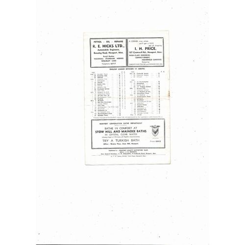 1957/58 Newport County v Colchester United Football Programme