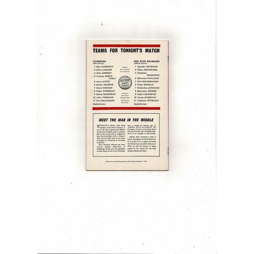 Liverpool v Red Star European Cup Football Programme 1973/74 + League Review