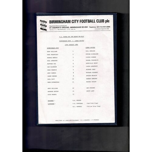 Birmingham City v Leeds United FA Youth Cup Football Programme 1988/89