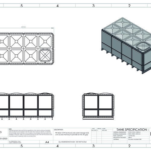 PW.4X2X1.5.TIF.AG - 14,722 LITRE SECTIONAL WATER TANK, TOTALLY INTERNALLY FLANGED (TIF)
