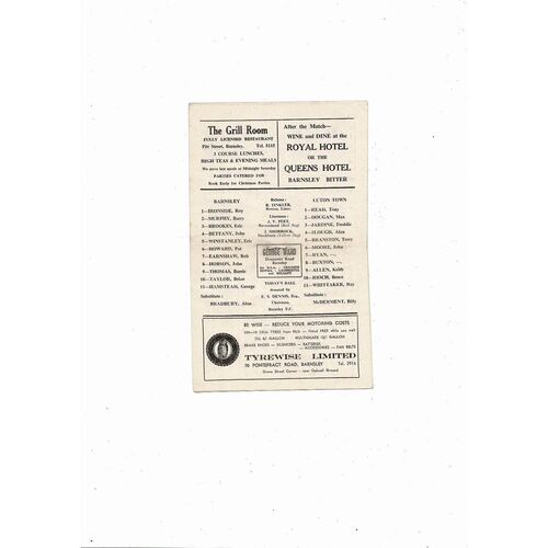 1967/68 Barnsley v Luton Town Football Programme