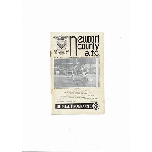 1959/60 Newport County v Chesterfield Football Programme