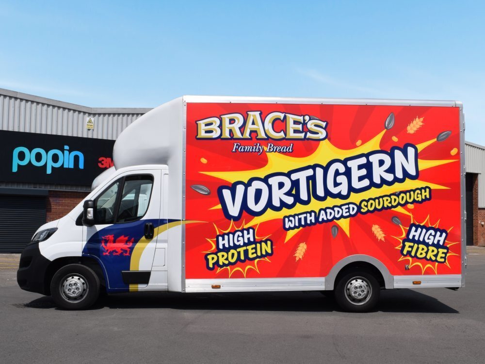 Braces Bread marketing campaign van wrap on company Peugeot Boxer Luton vehicle.