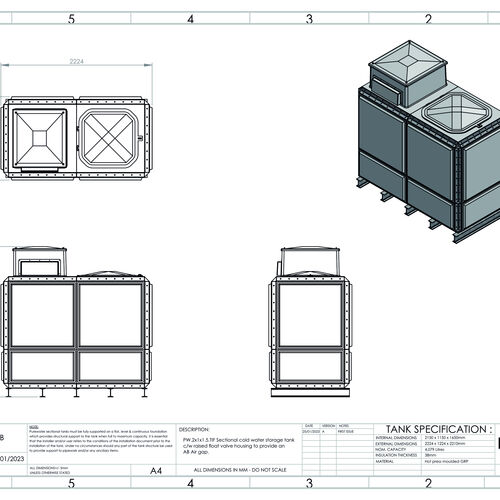PW.2X1X1.5.TIF.AB - 4079 LITRE SECTIONAL WATER TANK, TOTALLY INTERNALLY FLANGED (TIF) C/W FVH