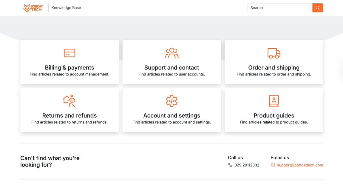A knowledgebase website showing clear and easy to identify categories for articles.