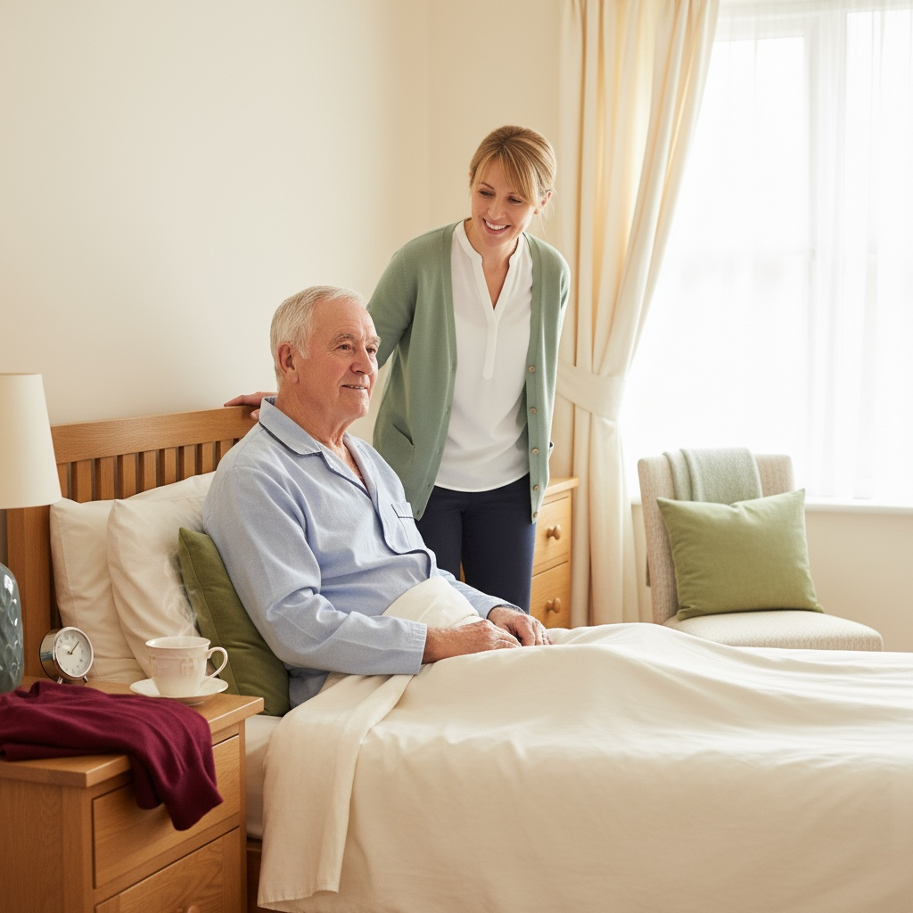 Older man with dementia sitting up in bed in a bright, homely bedroom while a carer stands beside him smiling, showing how a calmer, later morning visit and gentle understanding can help someone feel more like themselves again with dementia home care in Bristol.