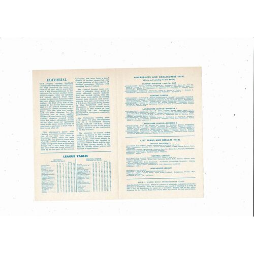 Manchester City v Blackburn Rovers Central League Football Programme 1961/62