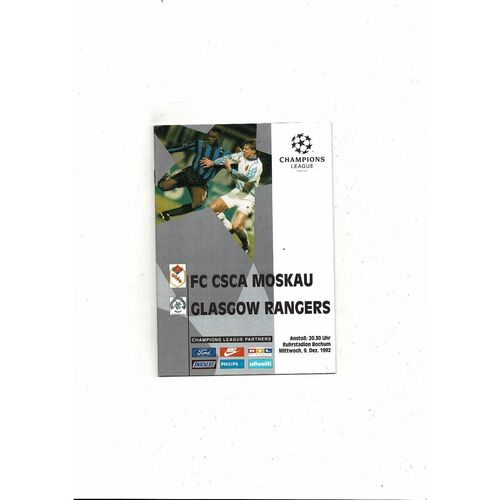 FC CSKA Moscow v Glasgow Rangers UEFA Champions League Football Programme 1992/93