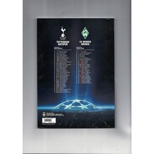 Tottenham Hotspur v SV Werder Breman Champions League Football Programme 2010/11