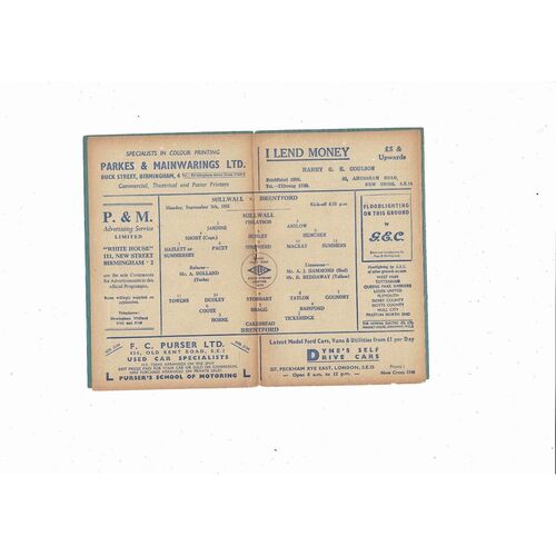 1955/56 Millwall v Brentford Football Programme