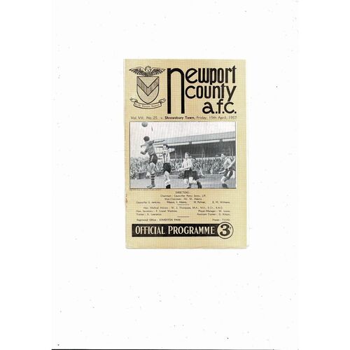1956/57 Newport County v Shrewsbury Town Football Programme