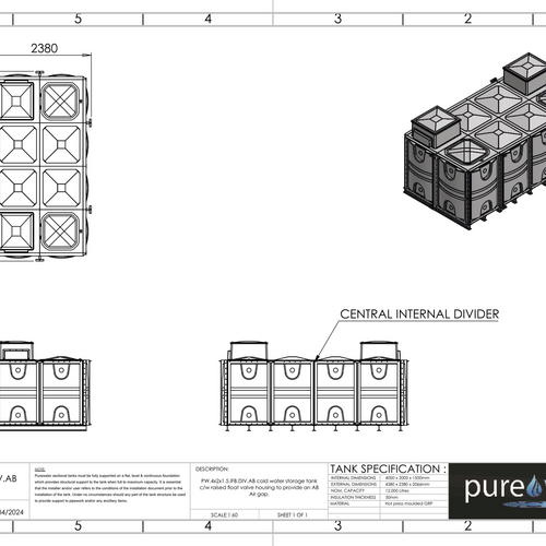 PW.4X2X1.5.IFB.DIV.AB(2+2) - 12000 LITRE DIVIDED SECTIONAL WATER TANK, INTERNALLY FLANGED BASE (IFB) C/W FVH