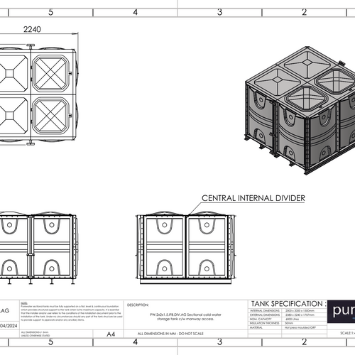 PW.2X2X1.5.IFB.DIV.AG(1+1) - 6000 LITRE DIVIDED SECTIONAL WATER TANK, INTERNALLY FLANGED BASE (IFB)