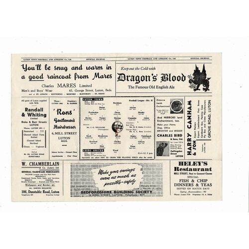1954/55 Luton Town v Leeds United Football Programme